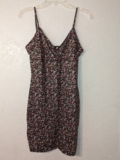 Shein Sz M Mini Dress V-Neck  Wrap Bust Adj Spaghetti Straps Black Pink Floral 