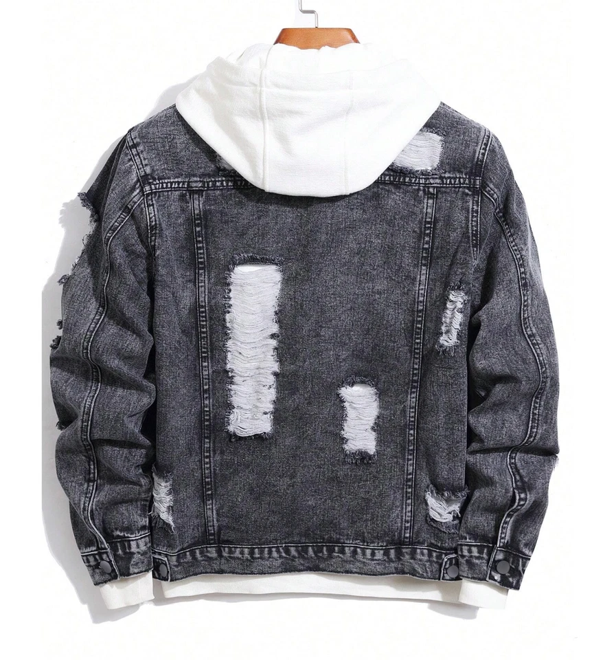 Chaqueta Vaquera Gris Para Hombres Desgastada Mezclilla de Invierno Abrigos - Image 2 of 4