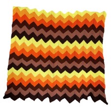 Vintage Mid Century Autumn Crochet Afghan Lap Blanket Chevron Zig Zag Handmade