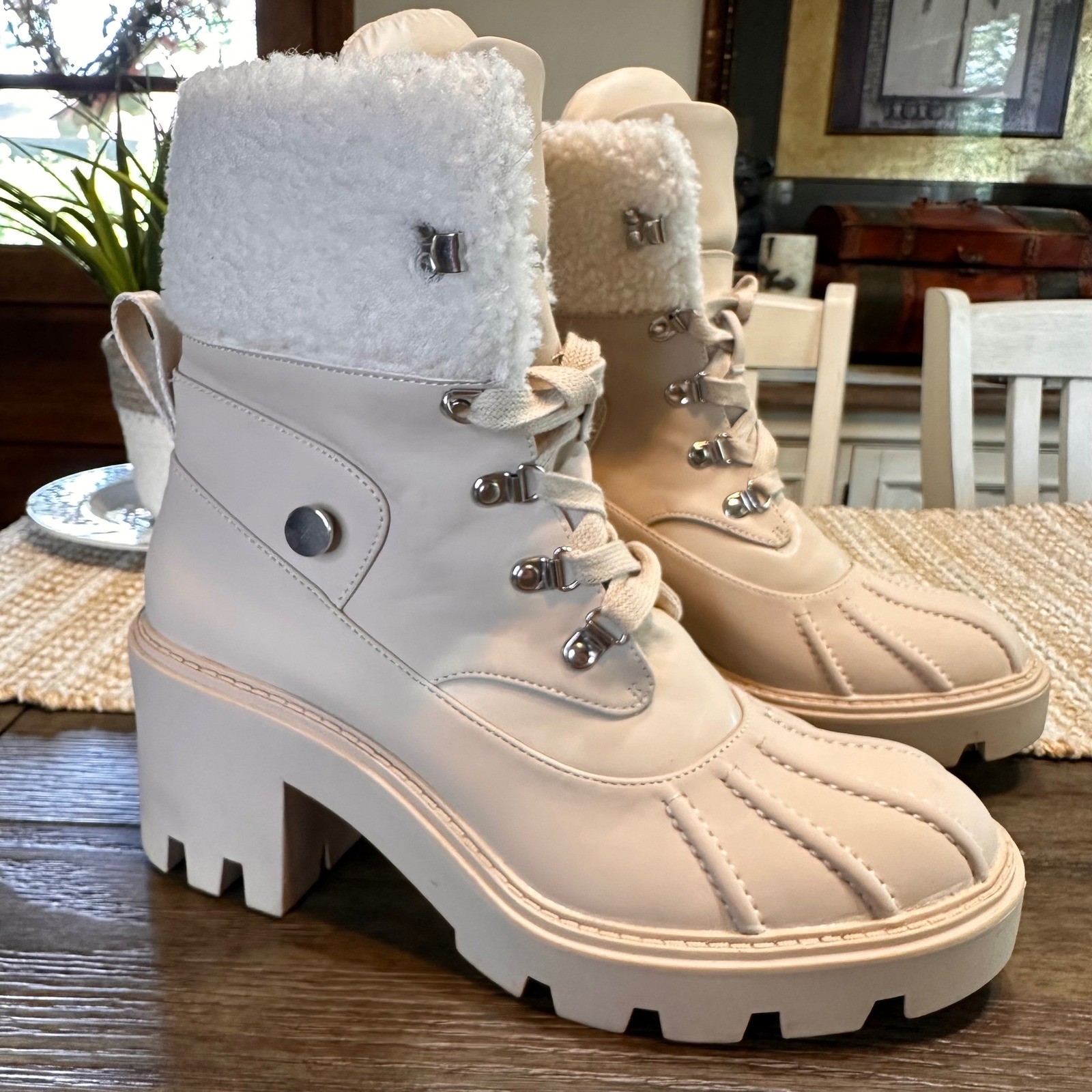 SAOLA Stivali Steve Madden Northern suola a strappo in pelle tacco plateau stringati beige 9