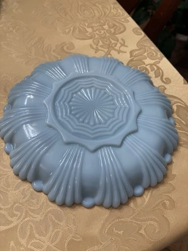 Vintage Fire King Delphite Blue Milk Glass Deviled Egg Plate with Gold Trim