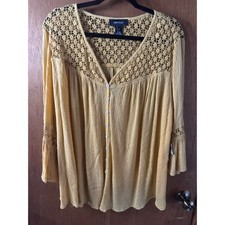 Karen Kane Amalfi Coast Yellow Crochet Lace Yoke Bell Sleeve Blouse XL New