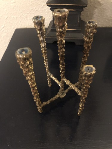 Vintage MCM Brutalist Brass Menorah Candleholder Paul Evans style