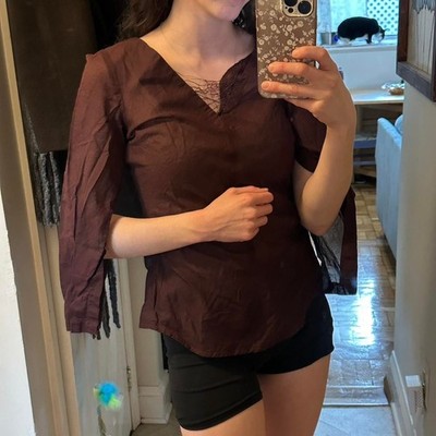 Unbranded Whimsygoth Brown Open Sleeve Spiderweb Detail Blouse