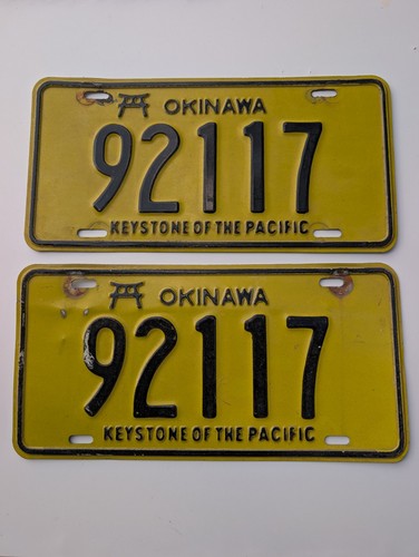 1960s VTG Rare Okinawa License Plate Set 92117 Vietnam Era Yellow Black 2x