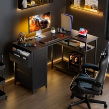 Computer Desk with Drawers, L Shaped Desk with Storage Shelves, Corner Desk