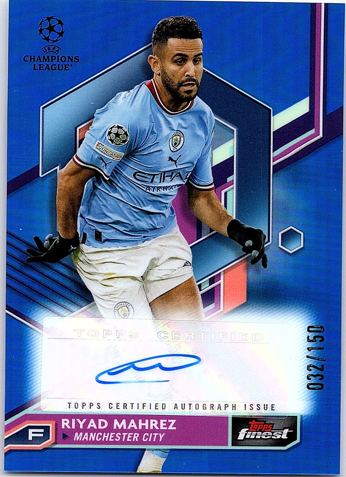 Riyad Mahrez 2022-23 Finest UEFA #A-RM Autographs Blue Refractor #/150 Auto