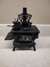Vintage Crescent Miniature Cast Iron Stove And Pans Antique Dollhouse Toy