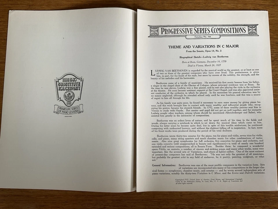 Theme & Variations in C Major~Beethoven~700 Series~#751~Art Publication Society - Image 2 of 4