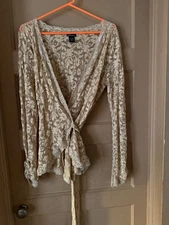 Pretty boho beige lacy stretch wrap tie sheer blouse Moda International M or L