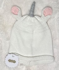 Mud Pie white baby 6-18m knit hat beanie Unicorn shag mane gold horn NWT cotton