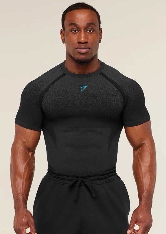 GYMSHARK Shadow Seamless T-Shirt in Black /Brand Blue - Size Small 