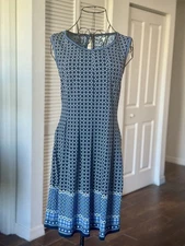 MAX STUDIO Navy Blue Sleeveless Jersey Geometric Striped Short Dress Sz Small