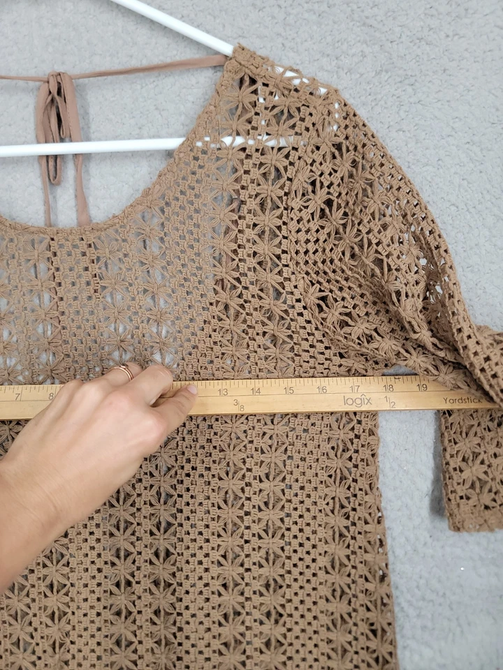 Marrón Crochet Natación Cubre Grande Ua Con Flecos Manga 3/4 Tejido Abierto Boho Foto 4 de 4
