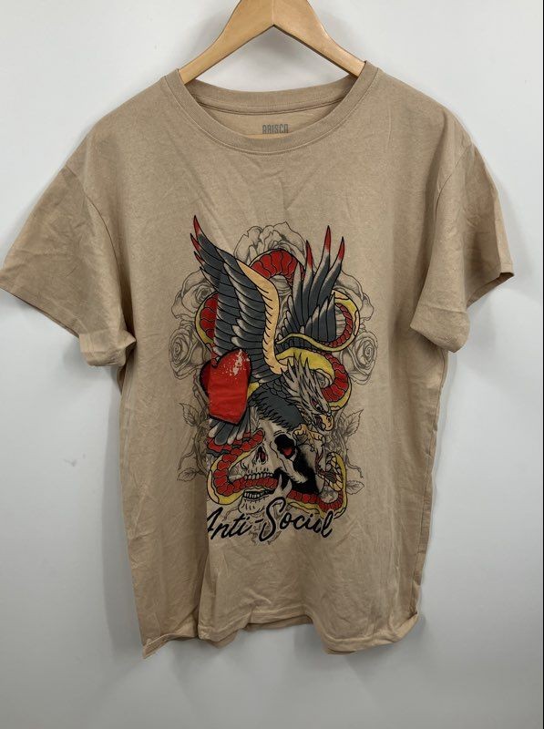 Brisco Brands Men's Beige Heart Skull Eagle Short Sleeve T-Shirt Size Large