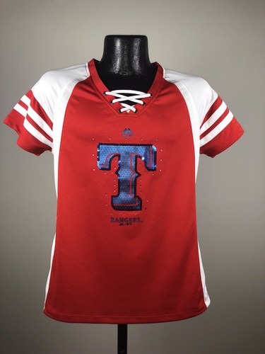 Women's Majestic Texas Rangers Red Draft Me V-Neck Lace Up Tee Shirt NWT XL