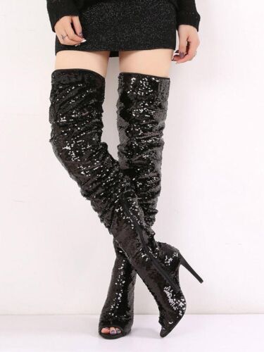 Sequin Over The Knee Boots Women Peep Toe Stiletto Heel Thigh High Boots New 6