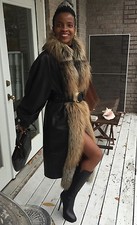 Designer Full length Black leather Island fox Fur Coat jacket Stroller M 2-10