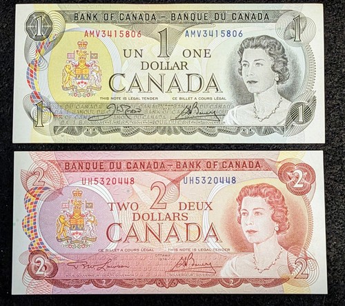 Canada $1 + $2 Note Set. 1973/1974. Crisp Uncirculated Vintage Bills
