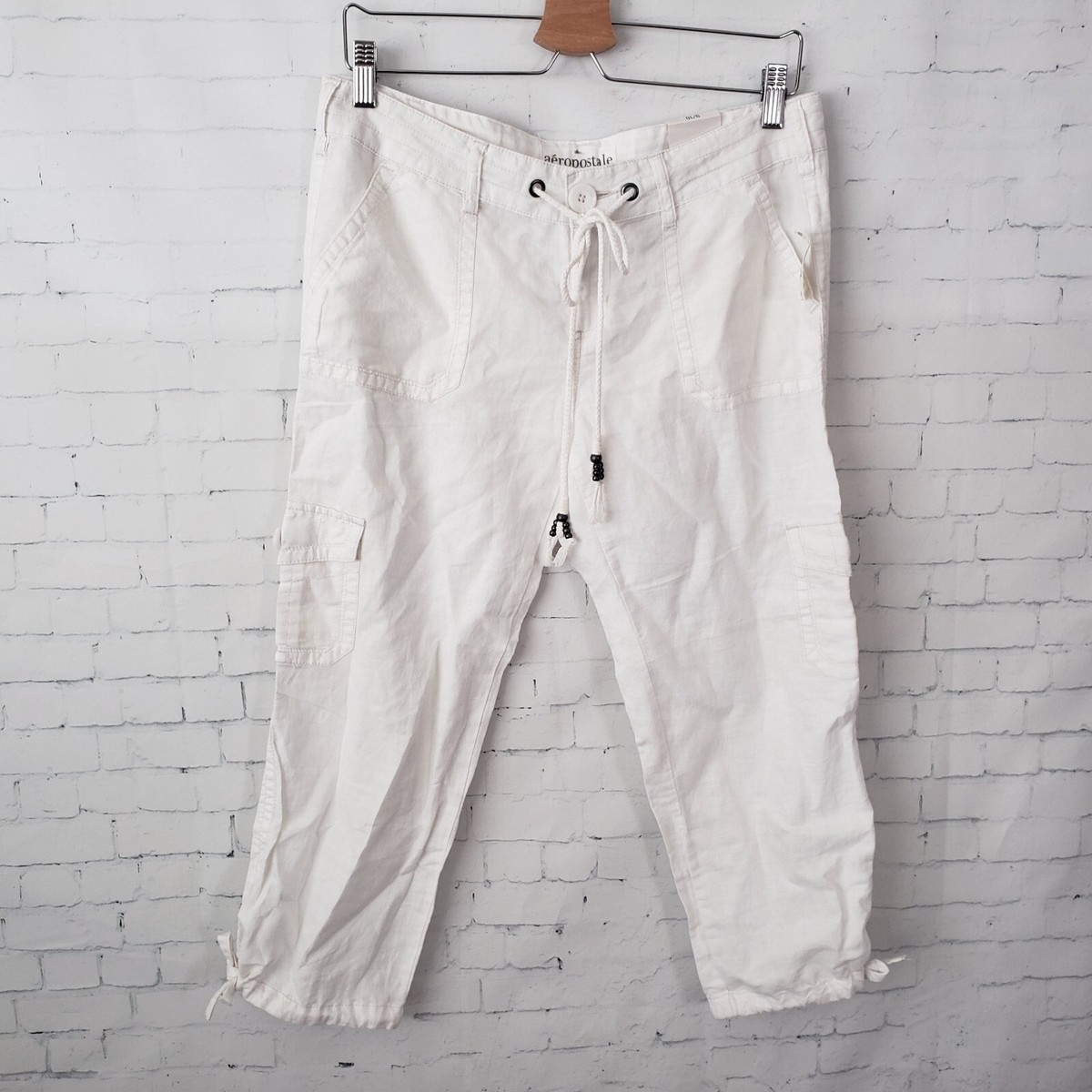 Aeropostale Y2K Cropped Linen Pants Size 10 White Low Rise NEW Deadstock