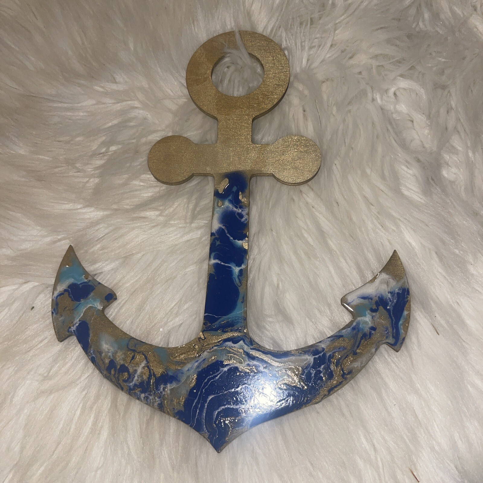 Nautical Anchor Wall Decor Wood Epoxy Resin 11.5” X 8.75” Gold Blue White Teal-image