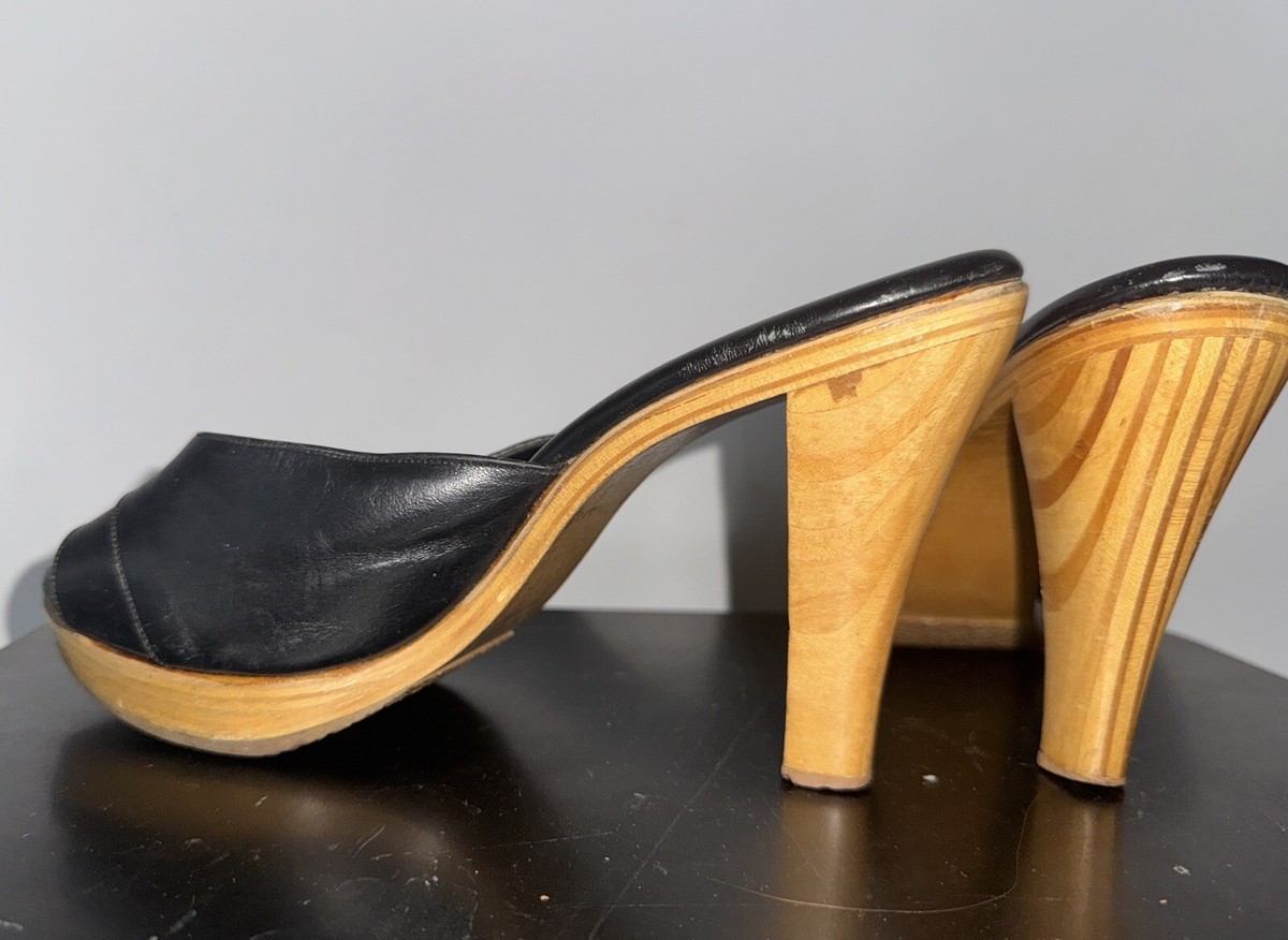 Vtg Size 8 70s 80s Wood Heel Platform Shoes Mules Black Leather