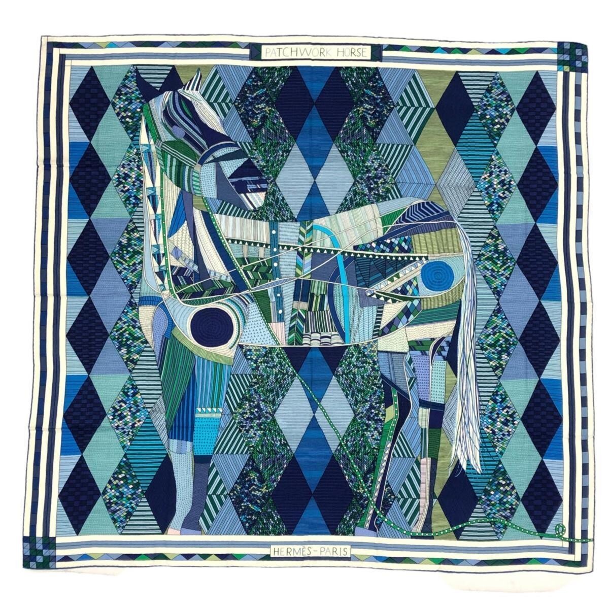 HERMES Carre 140 Gean Patchwork Horse Cashmere Large Silk