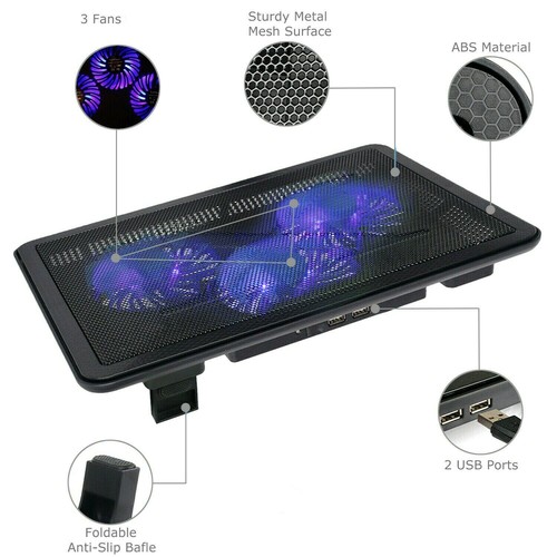 11"-17" Laptop Cooling Pad Slim Stand Notebook PC Led Quiet Cooler 3 Fans Adjust - Afbeelding 3 van 7