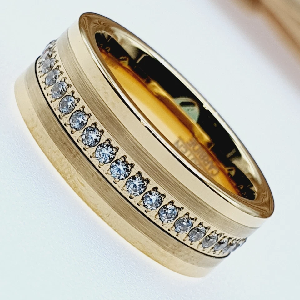 Alianza de boda con incrustación de circonita cúbica blanca anillo de boda único regalo de cumpleaños anillo de tungsteno dorado Foto 4 de 4