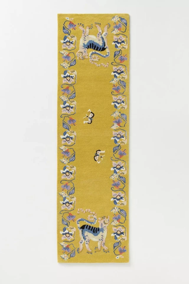 Vintage Tufted Wool Silk Rug Yellow Floral Tiger Snake Design Handmade - Image 4 of 4