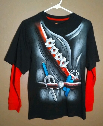 Karate Ninja Black Red Long Sleeve Martial Arts Nunchucks Boys Shirt XL 14/16