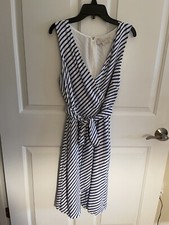Loft Blue/White Striped Sleeveless V-Neck A-Line Belted Lined Dress, Size 8