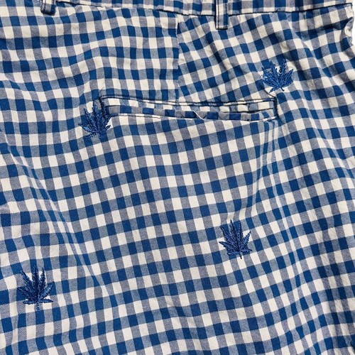J McLaughlin Men’s Shorts 42 Blue White Check Embroidered Tropical Leaf Cotton - Picture 7 of 12