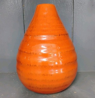 Orange Glazed Ceramic Pottery Vase Bulbous Flower Vessel Ribbed Surface 5.75''