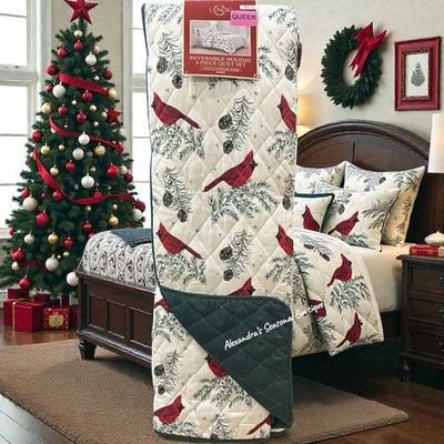 Lenox Reversible Christmas 3-Piece Quilt Set Queen 90 x90  Cardinal & Pine New