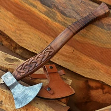 Hand Forged Damascus Viking Axe Braided Wood Tomahawk Hatchet W/Leather Sheath
