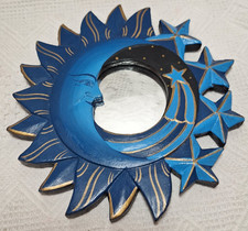 Espejo de pared de colección con acento celeste pintado a mano madera sol luna estrellas años 90 8"x8"