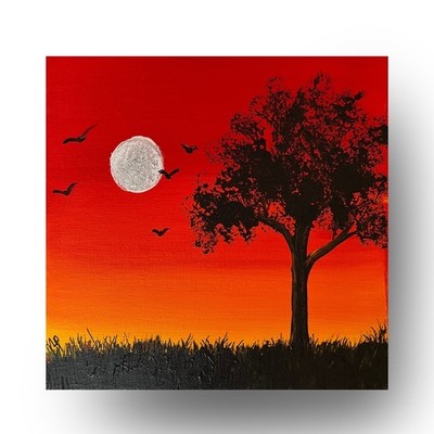 Full Moon Night Birds Tree  Silhouette Acrylic 8x8  Canvas VLP Original Art