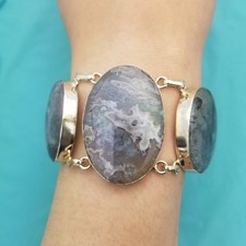 Sterling Silver and Agate Stone Bracelet, Chunky, Oversized, Vintage, 7.5"