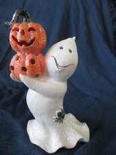 GLITTERY GHOST PUMPKINS Light-up Figurine Halloween Decor 7.5" high