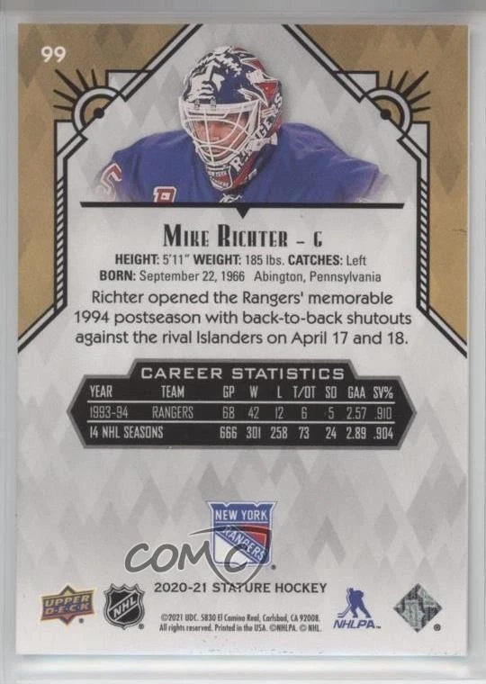 2020-21 Upper Deck Stature Mike Richter #99 - Image 2 of 2
