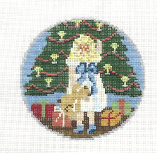 The Gingham Stitchery Girl with Christmas Tree Rd Handpainted Needlepoint Canvas