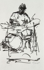 Original Fine Art Gloria K. Fiero - Jazz Drummer - Ink Pen Drawing - 15 X 12