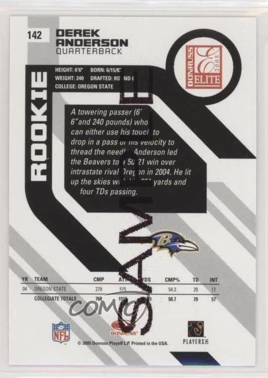 2005 Donruss Elite Rookie Sample Derek Anderson #142 Rookie RC - Image 2 of 2