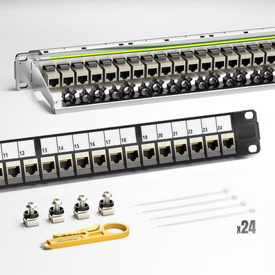 CAT6 Keystone Patch Panel 24-Port 1U with 10G Shielded Ethernet Inline Coupler -