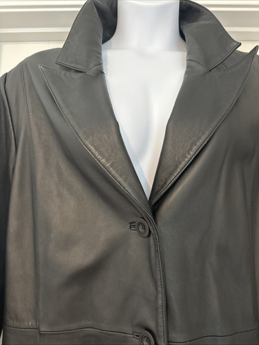 Venezia 100% Leather Black Trench Coat Button Front 26 28 Duster Lined - Picture 4 of 11
