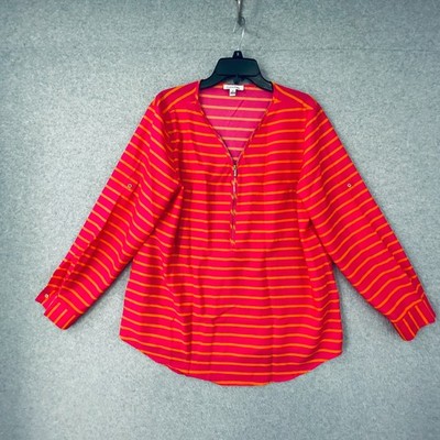 Calvin Klein Top Womens XL Pink Striped 1/2 Zip Roll Tab Sleeve Silky Tunic