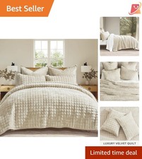 Velvet Quilt Set Full Queen Size Bedding Ultra Soft Geometric Box Stitch