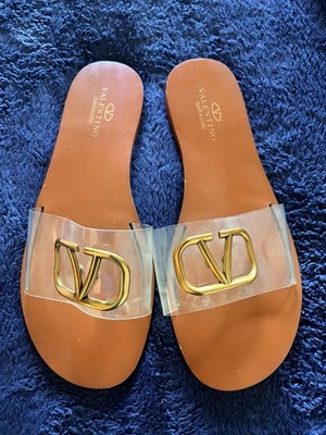 Valentino Garavani Authentic V Logo Flat Shoes Size 38 Brown , PVC Top