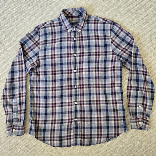 Jaeger Wool Blend Check Plaid LS Flannel Button Shirt Grey Blue Burgundy L Large - Picture 1 of 11